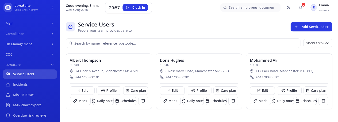 LuwaSuite demo service user records with care plan, daily notes and schedules actions
